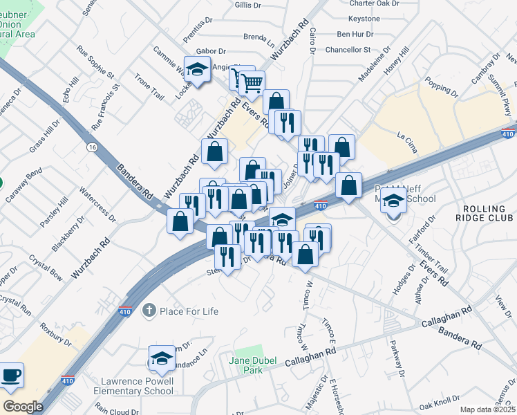 map of restaurants, bars, coffee shops, grocery stores, and more near 5602 Kenwick Street in San Antonio