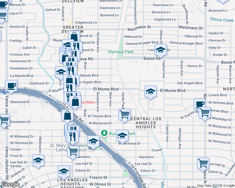 map of restaurants, bars, coffee shops, grocery stores, and more near 1522 Mardell Street in San Antonio