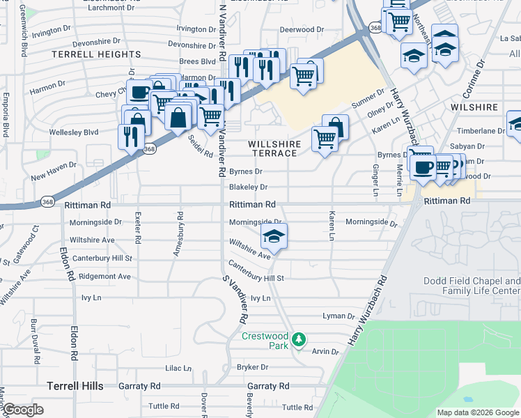 map of restaurants, bars, coffee shops, grocery stores, and more near 721 Morningside Drive in San Antonio