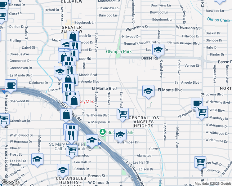map of restaurants, bars, coffee shops, grocery stores, and more near 1522 Mardell Street in San Antonio