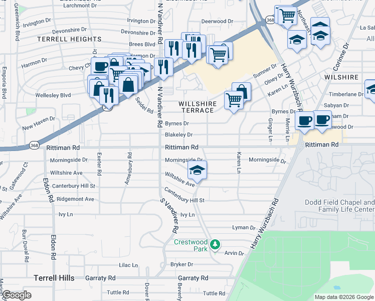 map of restaurants, bars, coffee shops, grocery stores, and more near 721 Morningside Drive in San Antonio