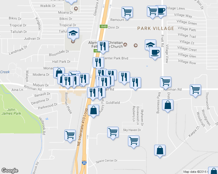 map of restaurants, bars, coffee shops, grocery stores, and more near 4635 Rittiman Road in San Antonio
