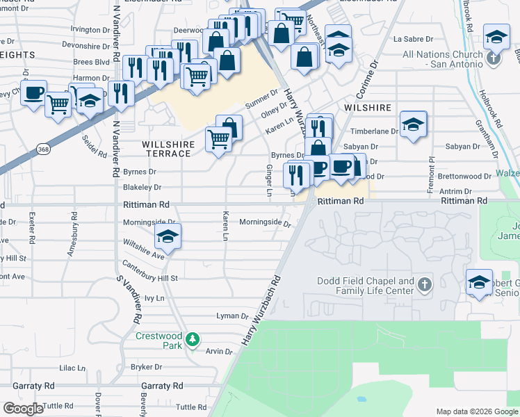 map of restaurants, bars, coffee shops, grocery stores, and more near 925 Morningside Drive in Terrell Hills