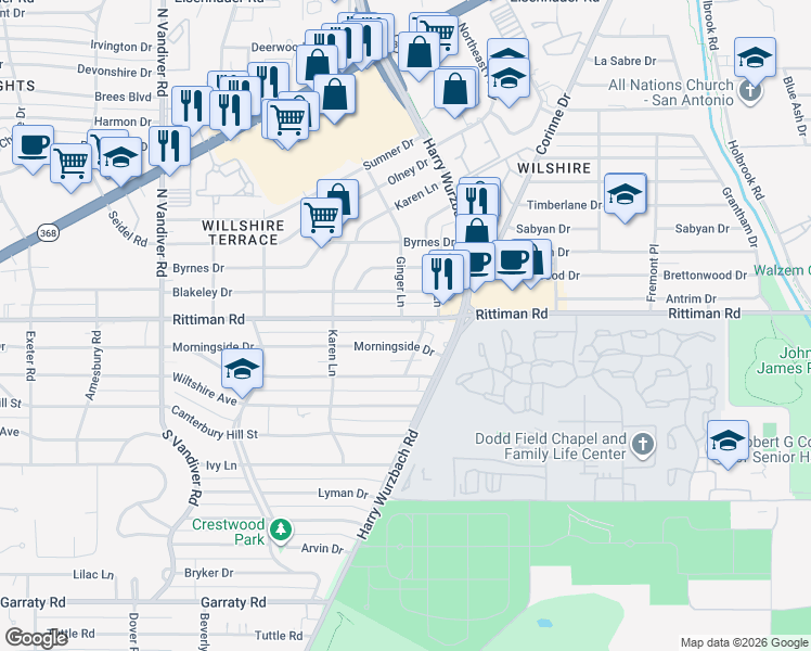 map of restaurants, bars, coffee shops, grocery stores, and more near 925 Morningside Drive in Terrell Hills