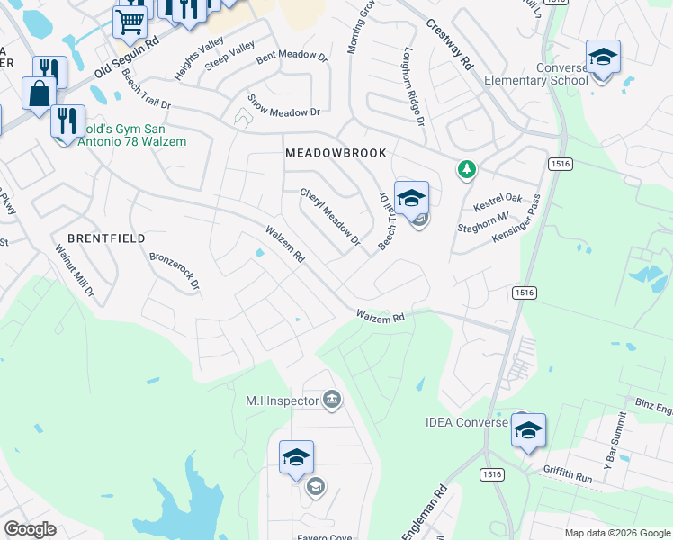 map of restaurants, bars, coffee shops, grocery stores, and more near 8219 Chestnut Barr Drive in Converse