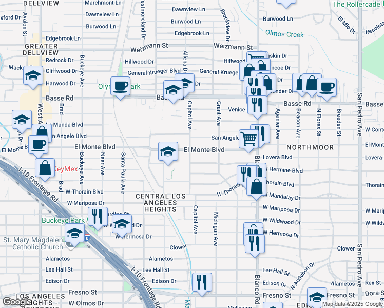 map of restaurants, bars, coffee shops, grocery stores, and more near 3407 Capitol Avenue in San Antonio