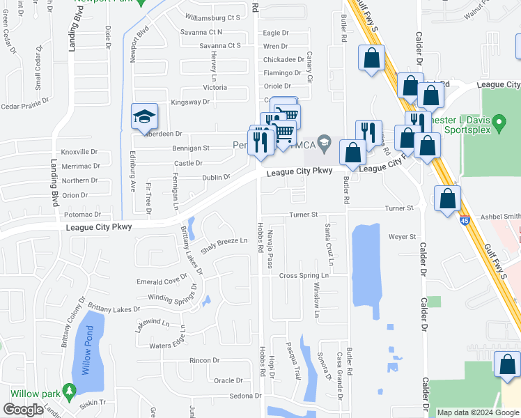 map of restaurants, bars, coffee shops, grocery stores, and more near 3055 Hobbs Road in League City
