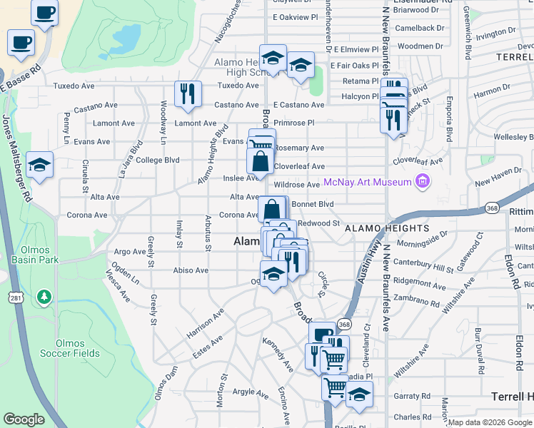 map of restaurants, bars, coffee shops, grocery stores, and more near Broadway Street in San Antonio