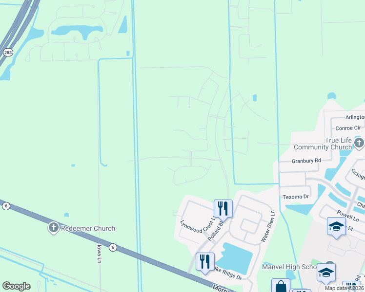 map of restaurants, bars, coffee shops, grocery stores, and more near 7502 Flora Road in Manvel