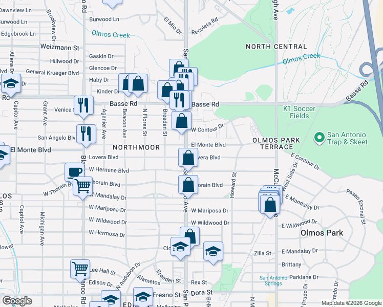 map of restaurants, bars, coffee shops, grocery stores, and more near 5410 San Pedro Avenue in San Antonio