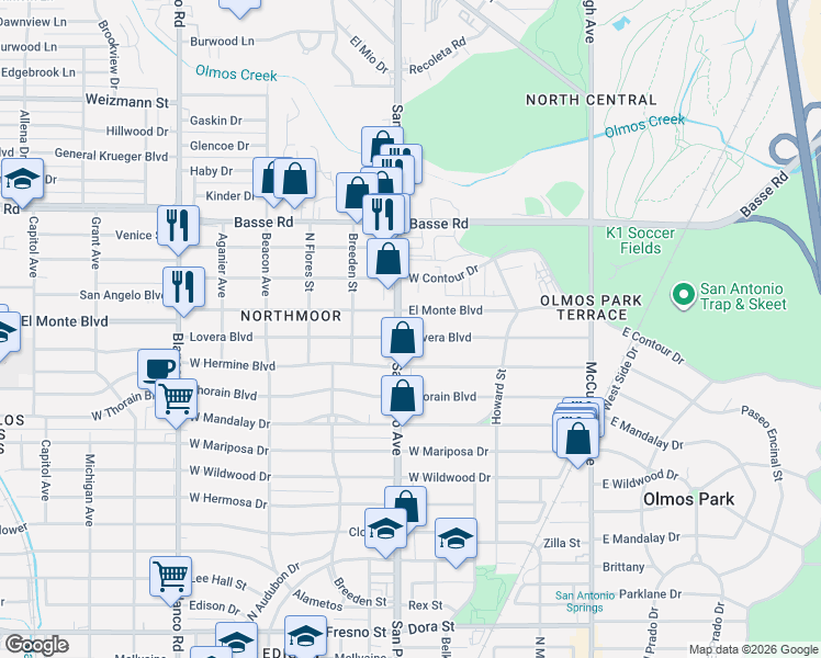 map of restaurants, bars, coffee shops, grocery stores, and more near 5410 San Pedro Avenue in San Antonio