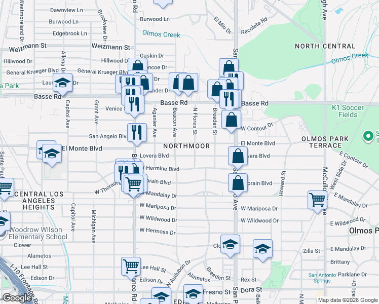 map of restaurants, bars, coffee shops, grocery stores, and more near 518 Lovera Boulevard in San Antonio