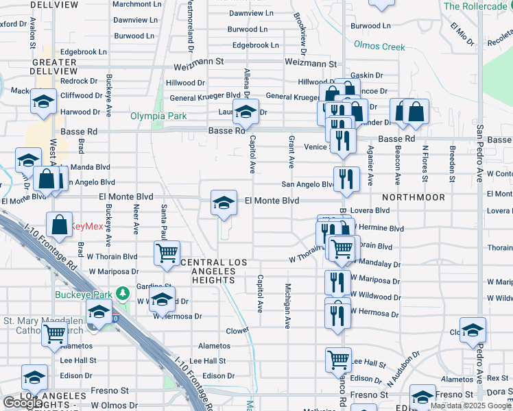 map of restaurants, bars, coffee shops, grocery stores, and more near 3407 Capitol Avenue in San Antonio
