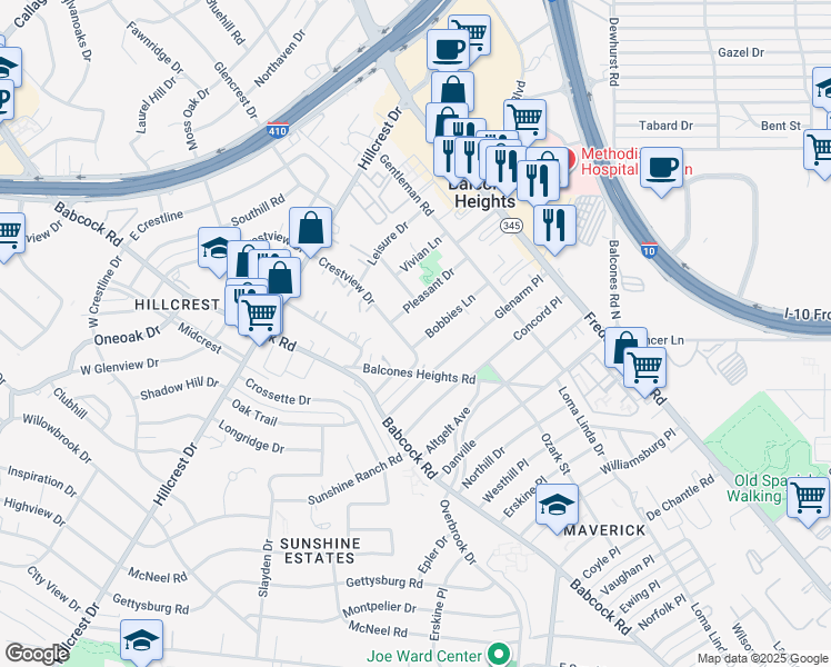 map of restaurants, bars, coffee shops, grocery stores, and more near 244 Bobbies Lane in Balcones Heights