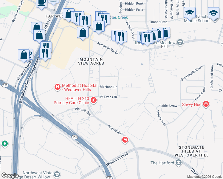 map of restaurants, bars, coffee shops, grocery stores, and more near 10441 Mount Evans in San Antonio