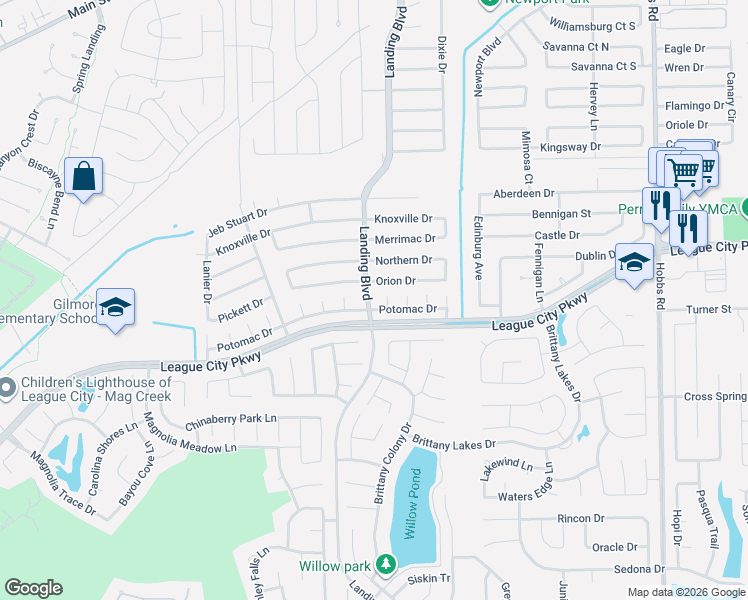 map of restaurants, bars, coffee shops, grocery stores, and more near 2527 Potomac Drive in League City