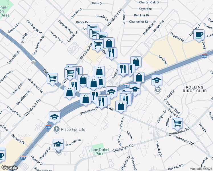 map of restaurants, bars, coffee shops, grocery stores, and more near 5602 Kenwick Street in San Antonio