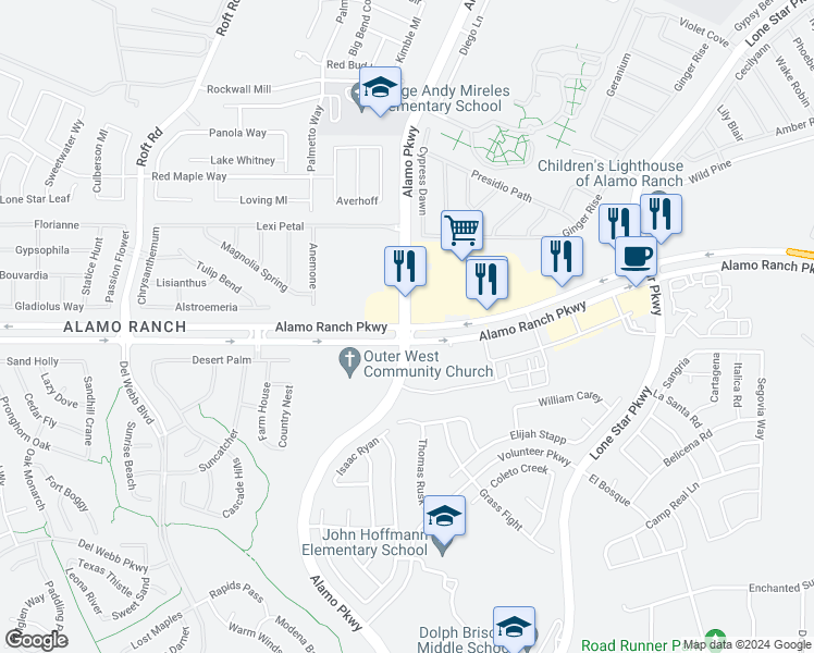 map of restaurants, bars, coffee shops, grocery stores, and more near Alamo Parkway in San Antonio