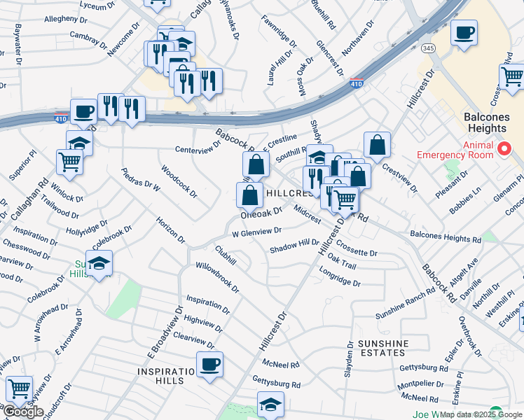 map of restaurants, bars, coffee shops, grocery stores, and more near 234 One Oak Drive in San Antonio