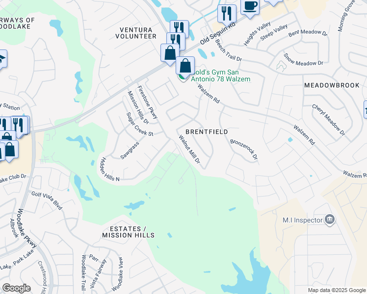 map of restaurants, bars, coffee shops, grocery stores, and more near 6023 Walnut Mill Drive in San Antonio