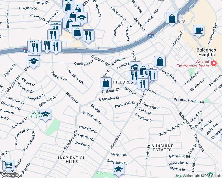map of restaurants, bars, coffee shops, grocery stores, and more near 234 One Oak Drive in San Antonio