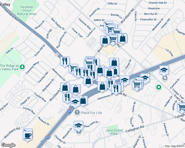 map of restaurants, bars, coffee shops, grocery stores, and more near 5938 Bandera Road in Leon Valley