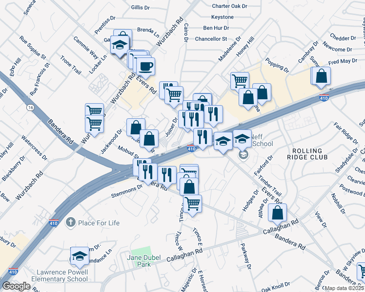 map of restaurants, bars, coffee shops, grocery stores, and more near 5600-5612 Northwest Loop 410 in Leon Valley