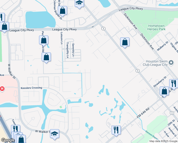 map of restaurants, bars, coffee shops, grocery stores, and more near 1225 Bowen Drive in League City