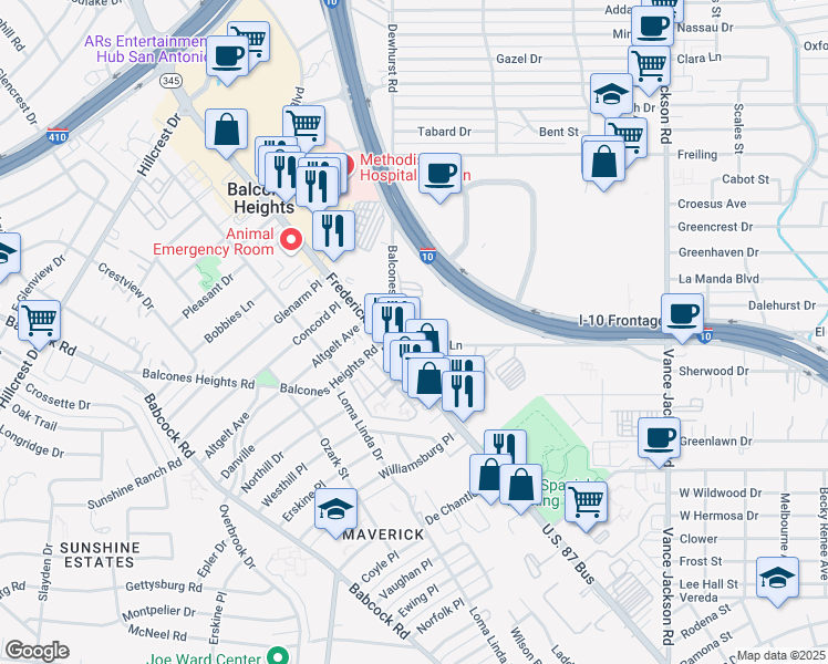 map of restaurants, bars, coffee shops, grocery stores, and more near 3953 Fredericksburg Road in San Antonio