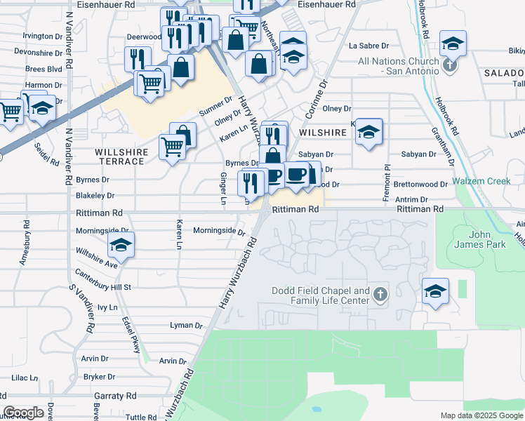 map of restaurants, bars, coffee shops, grocery stores, and more near 1300 Rittiman Road in Terrell Hills