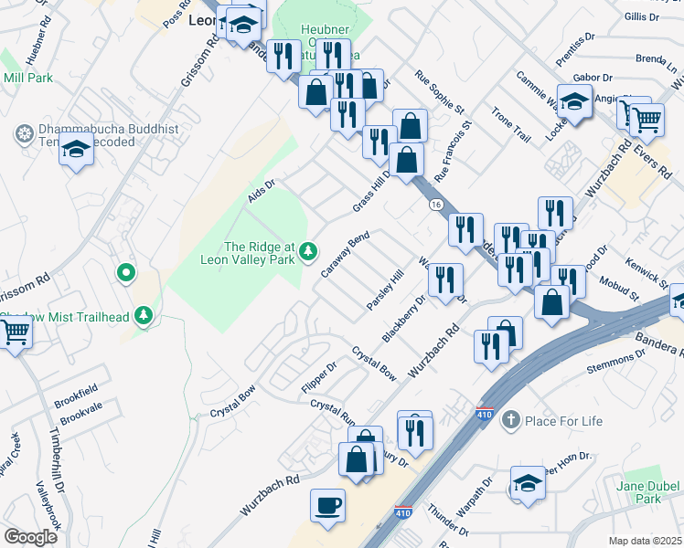 map of restaurants, bars, coffee shops, grocery stores, and more near 5565 Saffron Way in San Antonio