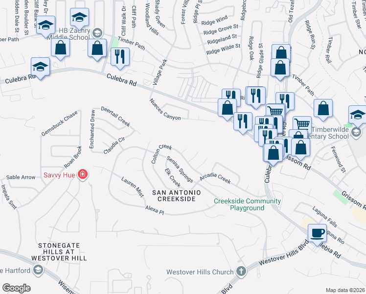 map of restaurants, bars, coffee shops, grocery stores, and more near 9550 Culebra Road in San Antonio