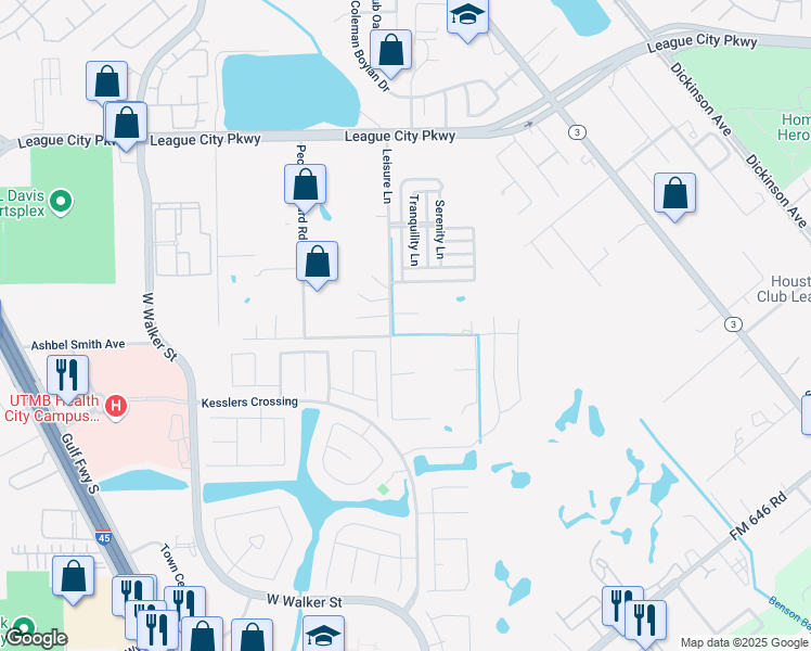 map of restaurants, bars, coffee shops, grocery stores, and more near 2330 Leisure Lane in League City