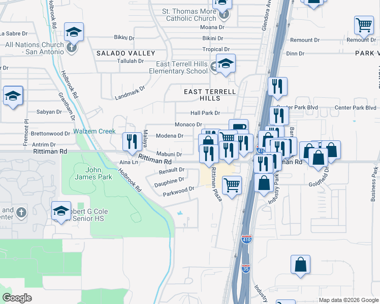 map of restaurants, bars, coffee shops, grocery stores, and more near 6319 McKeon Drive in San Antonio