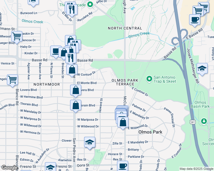 map of restaurants, bars, coffee shops, grocery stores, and more near 5310 Howard Street in San Antonio