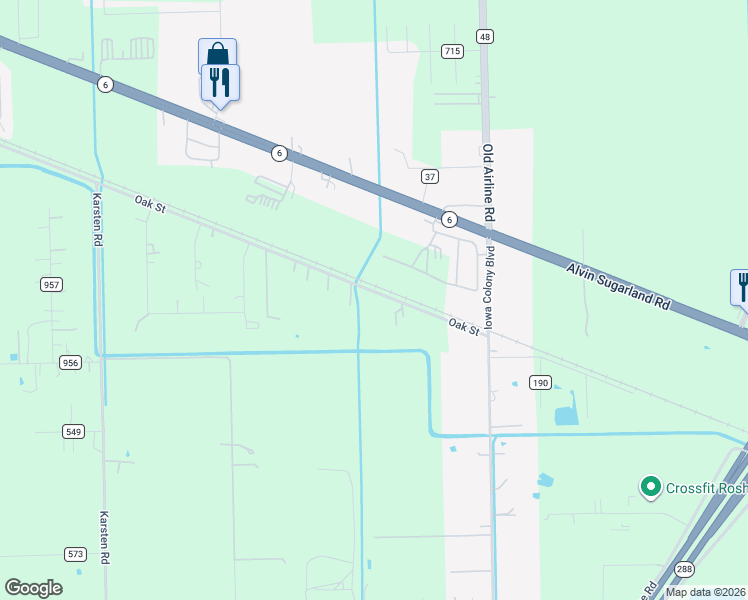 map of restaurants, bars, coffee shops, grocery stores, and more near 3823 County Road 190 in Rosharon