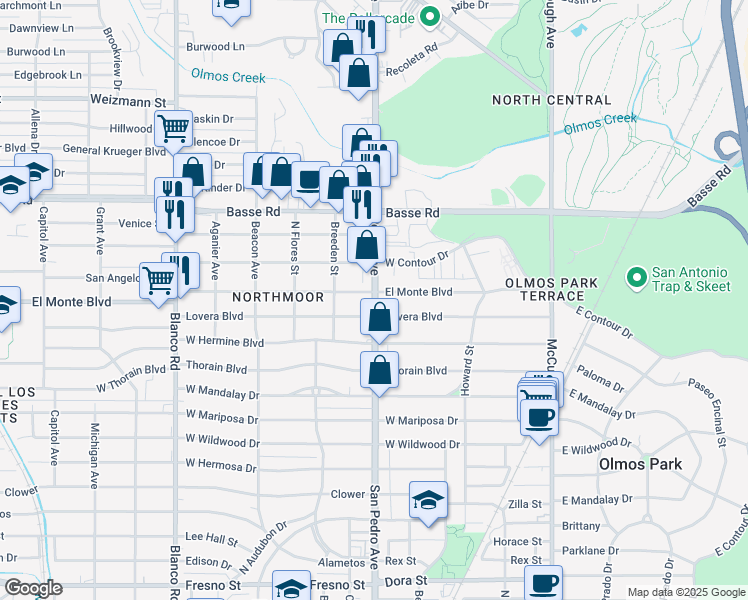 map of restaurants, bars, coffee shops, grocery stores, and more near 5511 San Pedro Ave in San Antonio