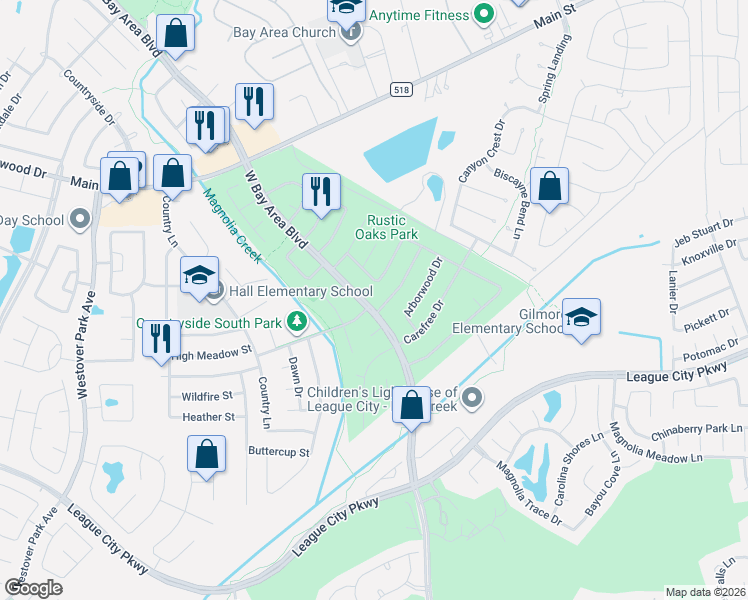 map of restaurants, bars, coffee shops, grocery stores, and more near 810 Cherry Blossom Drive in League City