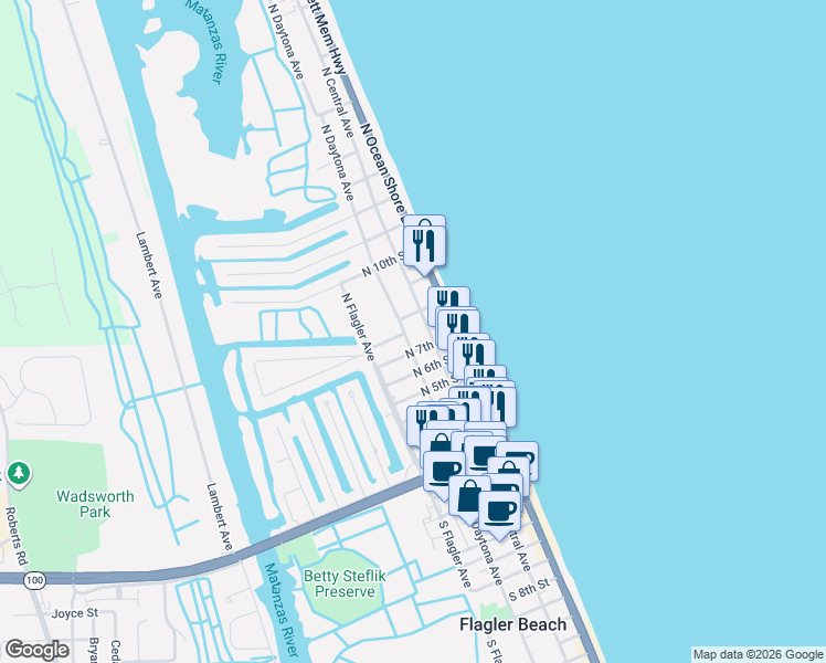 map of restaurants, bars, coffee shops, grocery stores, and more near 728 North Central Avenue in Flagler Beach