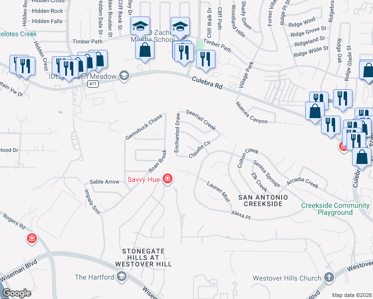 map of restaurants, bars, coffee shops, grocery stores, and more near 9731 Astin Place in San Antonio