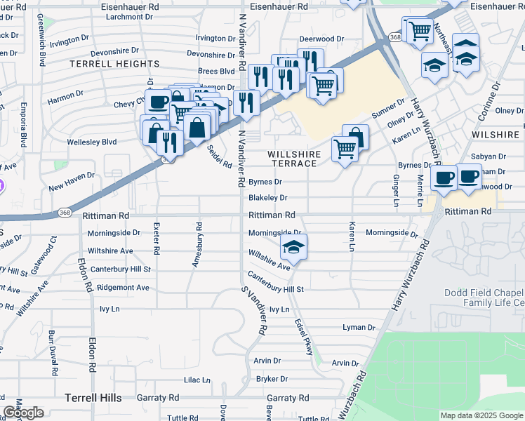 map of restaurants, bars, coffee shops, grocery stores, and more near 527 Rittiman Road in San Antonio