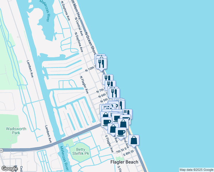 map of restaurants, bars, coffee shops, grocery stores, and more near 705 North Oceanshore Boulevard in Flagler Beach