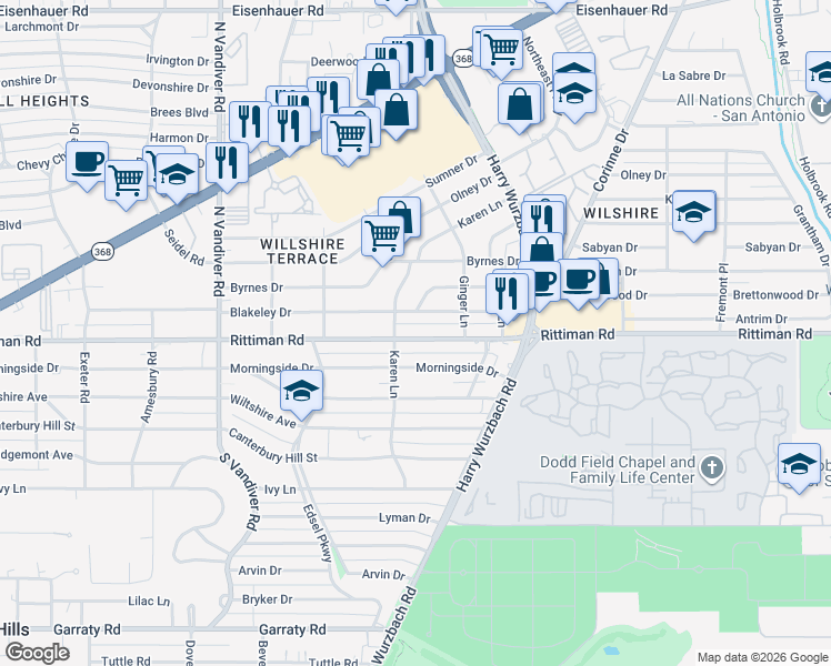 map of restaurants, bars, coffee shops, grocery stores, and more near 614 Blakeley Drive in San Antonio