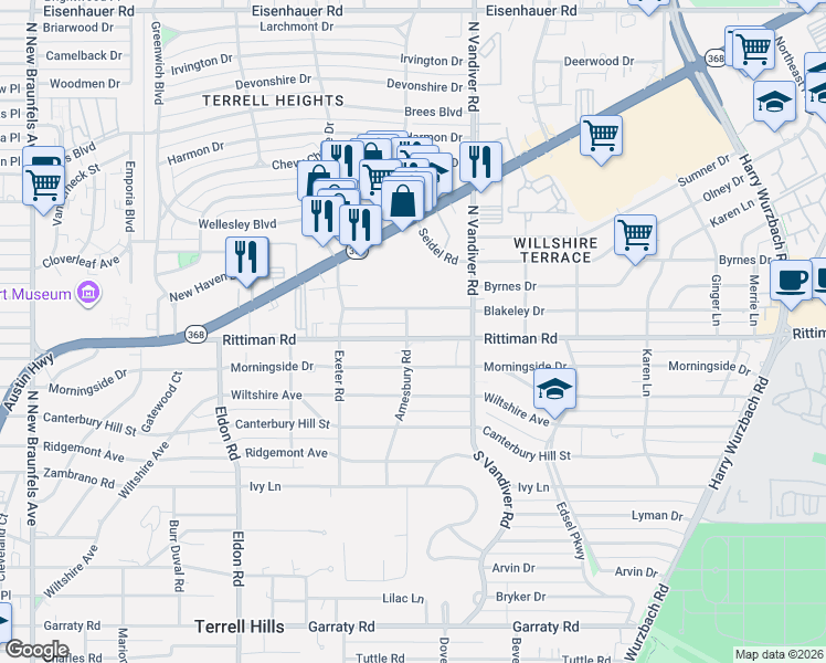 map of restaurants, bars, coffee shops, grocery stores, and more near 134 Blakeley Drive in San Antonio
