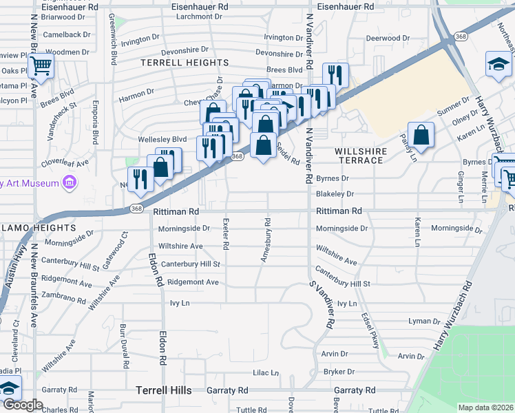 map of restaurants, bars, coffee shops, grocery stores, and more near 134 Blakeley Drive in San Antonio