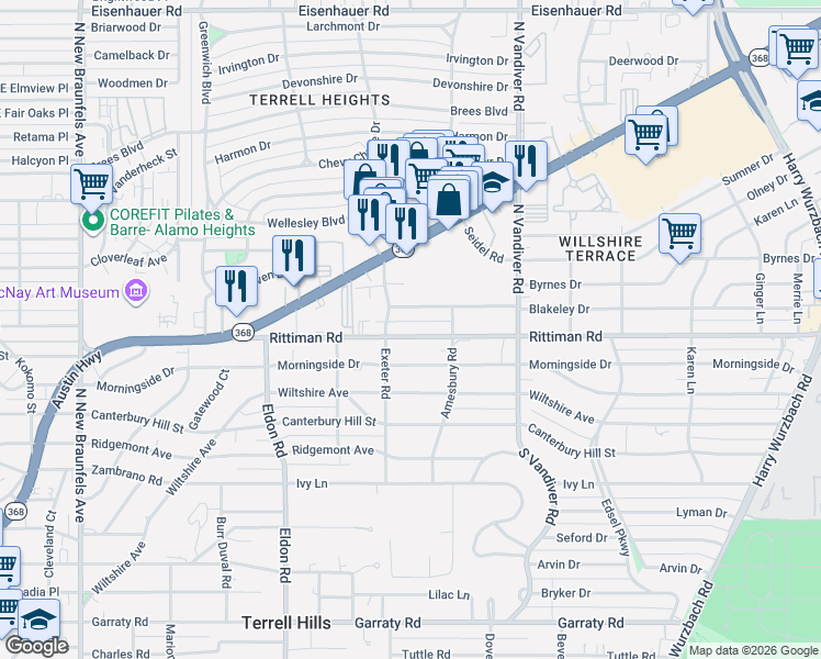 map of restaurants, bars, coffee shops, grocery stores, and more near 110 Blakeley Drive in San Antonio