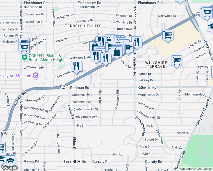 map of restaurants, bars, coffee shops, grocery stores, and more near 110 Blakeley Drive in San Antonio