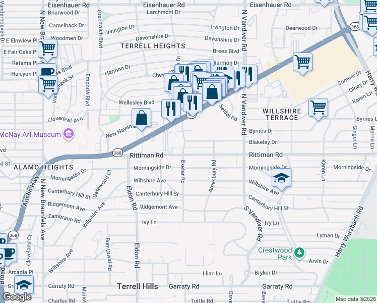 map of restaurants, bars, coffee shops, grocery stores, and more near 110 Blakeley Drive in San Antonio