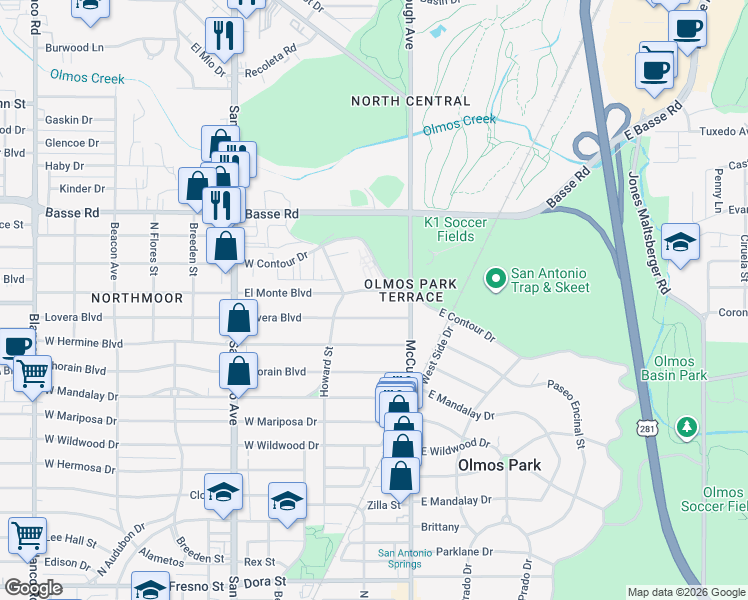 map of restaurants, bars, coffee shops, grocery stores, and more near 1441 West Contour Drive in San Antonio