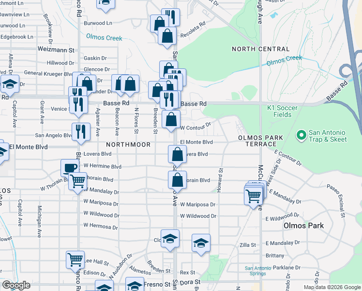 map of restaurants, bars, coffee shops, grocery stores, and more near 5600 San Pedro Avenue in San Antonio